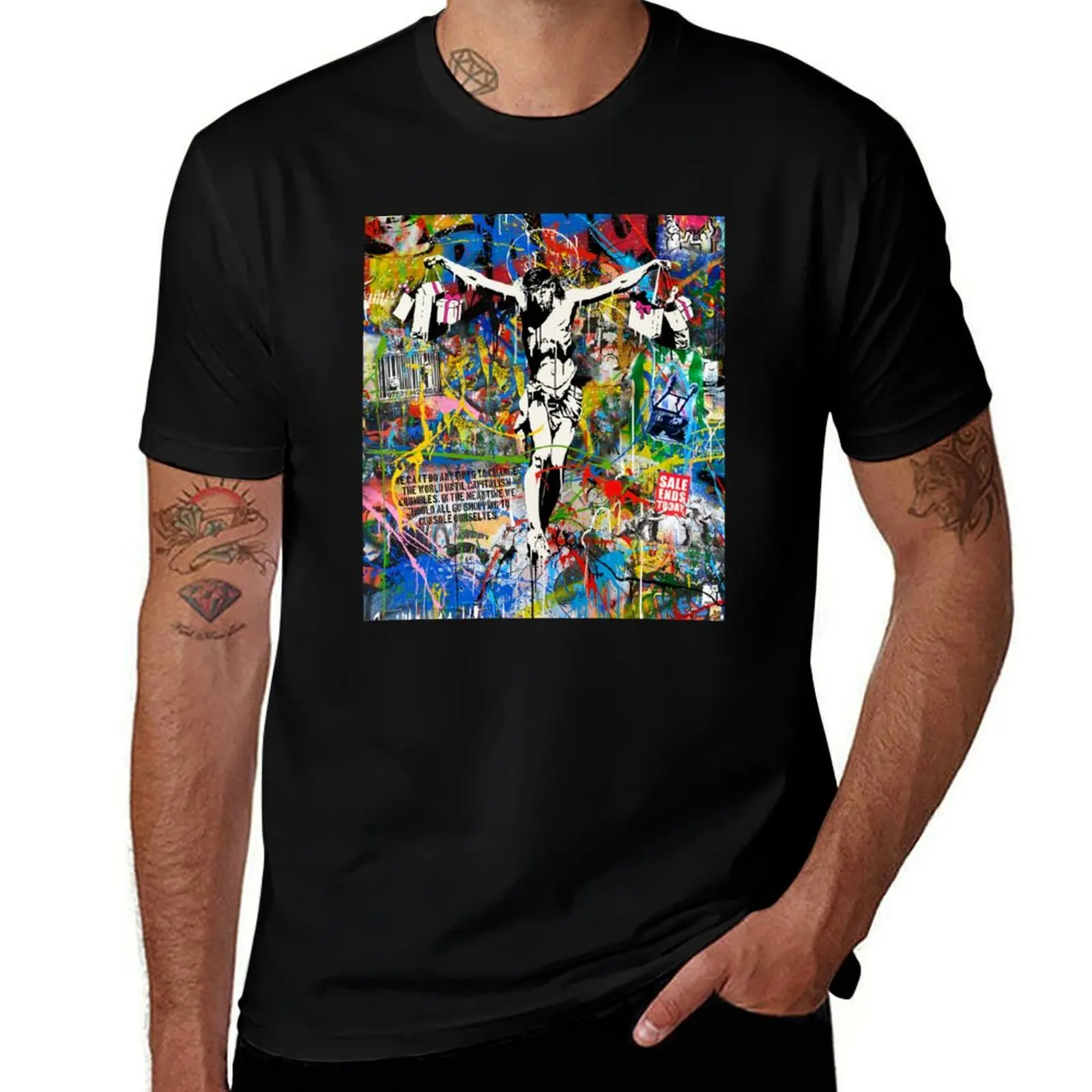 Фото Футболка Banksy Shopping Jesus Pop Street Art Mashup, футболки с аниме, большие футболки с рисунком для мужчин, футболка №4