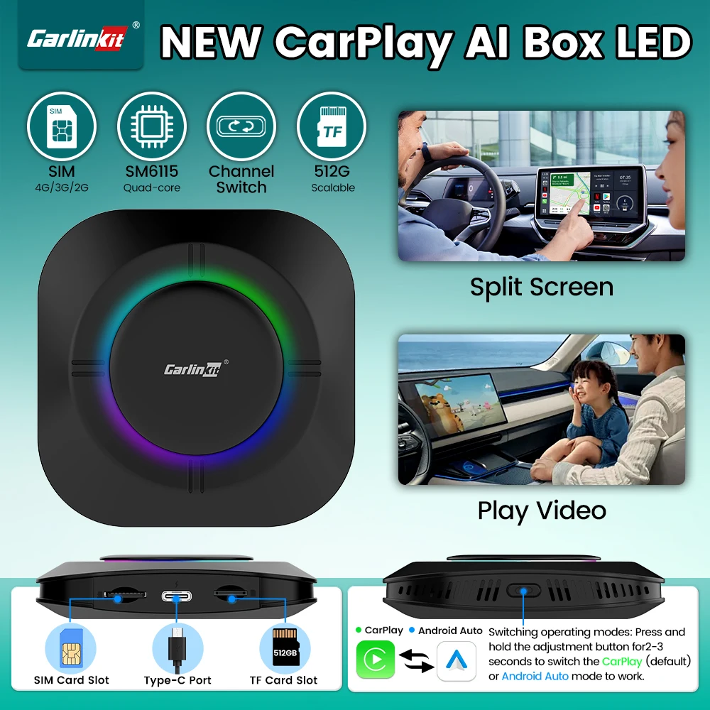 CarlinKit CarPlay ai Box Android 13 Smart Car TV SM6115 8-ядерный встроенный Netflix Play Store GPS Разделенный