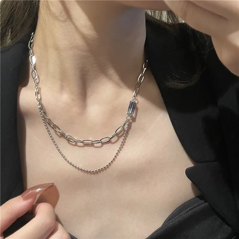 

European and American Fashion Retro Double Layer Twin Thick Chain Sapphire Necklace Female Ins Hip Hop Temperament Personalized