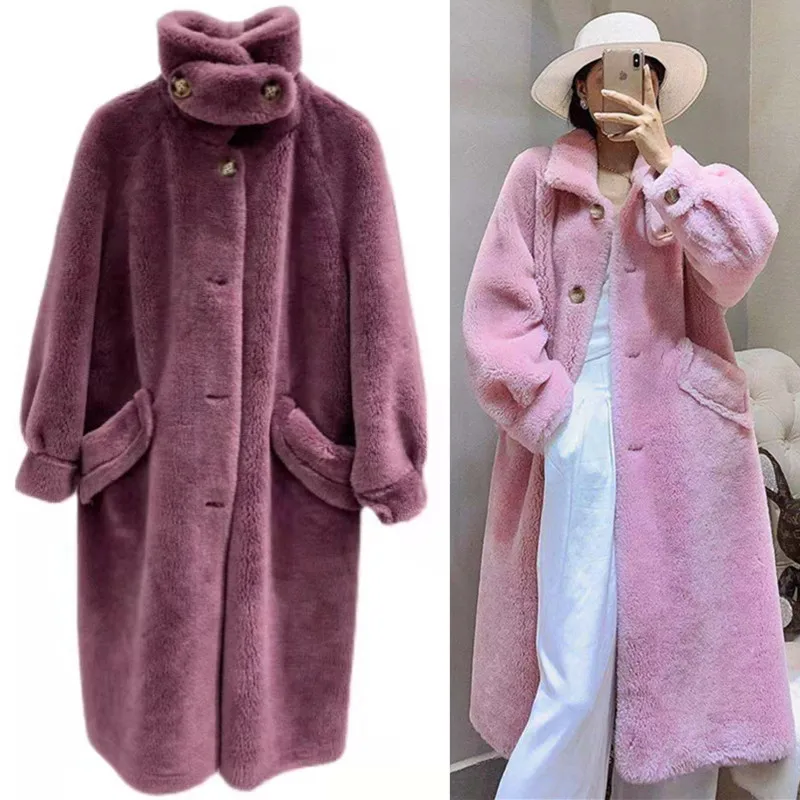 

Women Sheep Shearling Jacket Real Wool Fur Coat Female 2022 Korean Fashion Long Warm Loose Woman Winter Coats