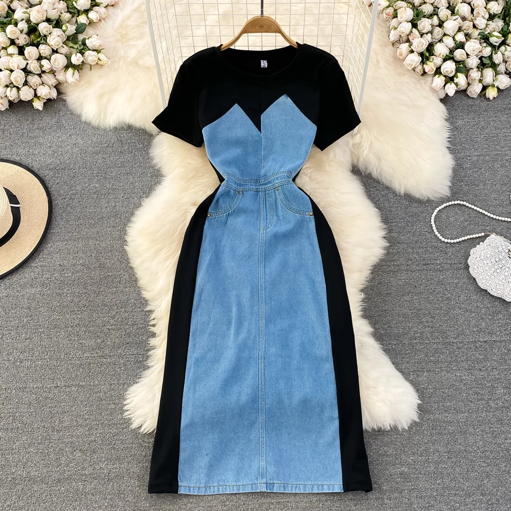 

Summer Vintage Hong Kong style round neck short sleeve contrast slim fit medium length denim stitched Aline dress