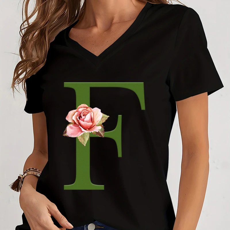 Женская футболка с V-образным вырезом Винтажная буквами Сакуры и графическим