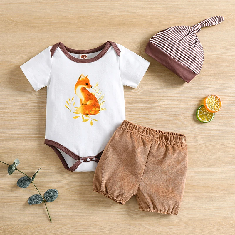 2022 Newborn Boy Summer Outfit Infant Baby Cute Soft Fox Print T Shirt Romper Corduroy Shorts Hat Clothing Set 