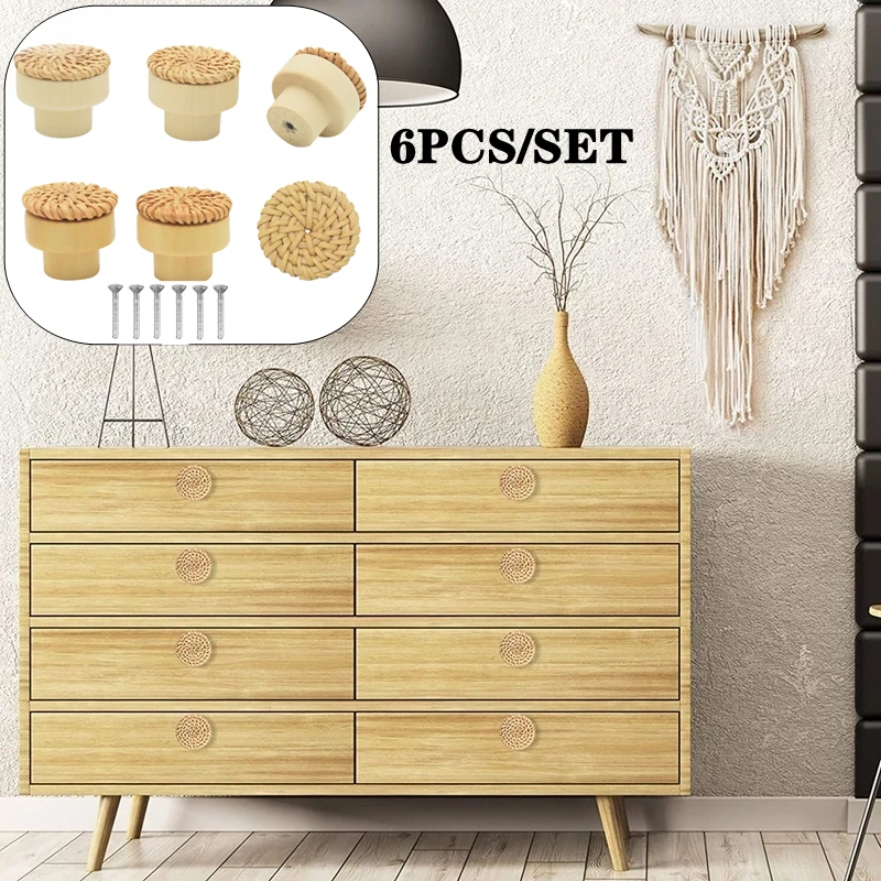 

6Pcs/set Rattan Woven Round Wooden Handle Handmade Woven Cabinet Door Wooden Handle for Furniture Knobs And Screws