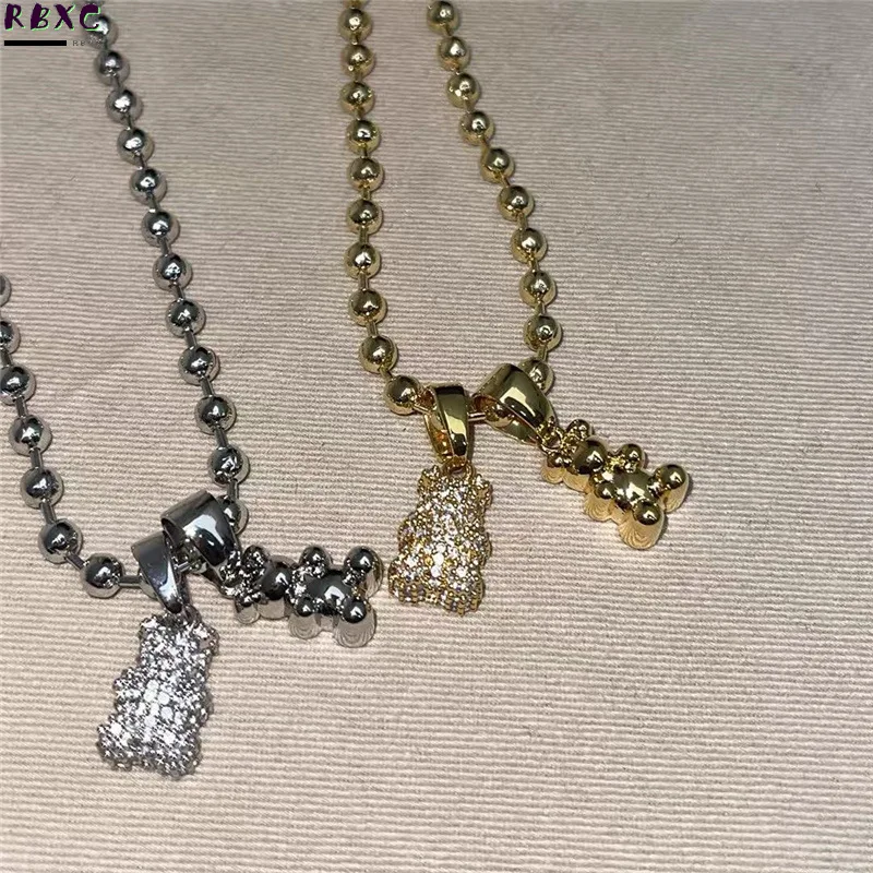 

South Ins Super Fire Micro Inlaid Bear Metal Pendant Necklace South Korea Sweet Cool Detachable Collarbone Chain Neck Chain