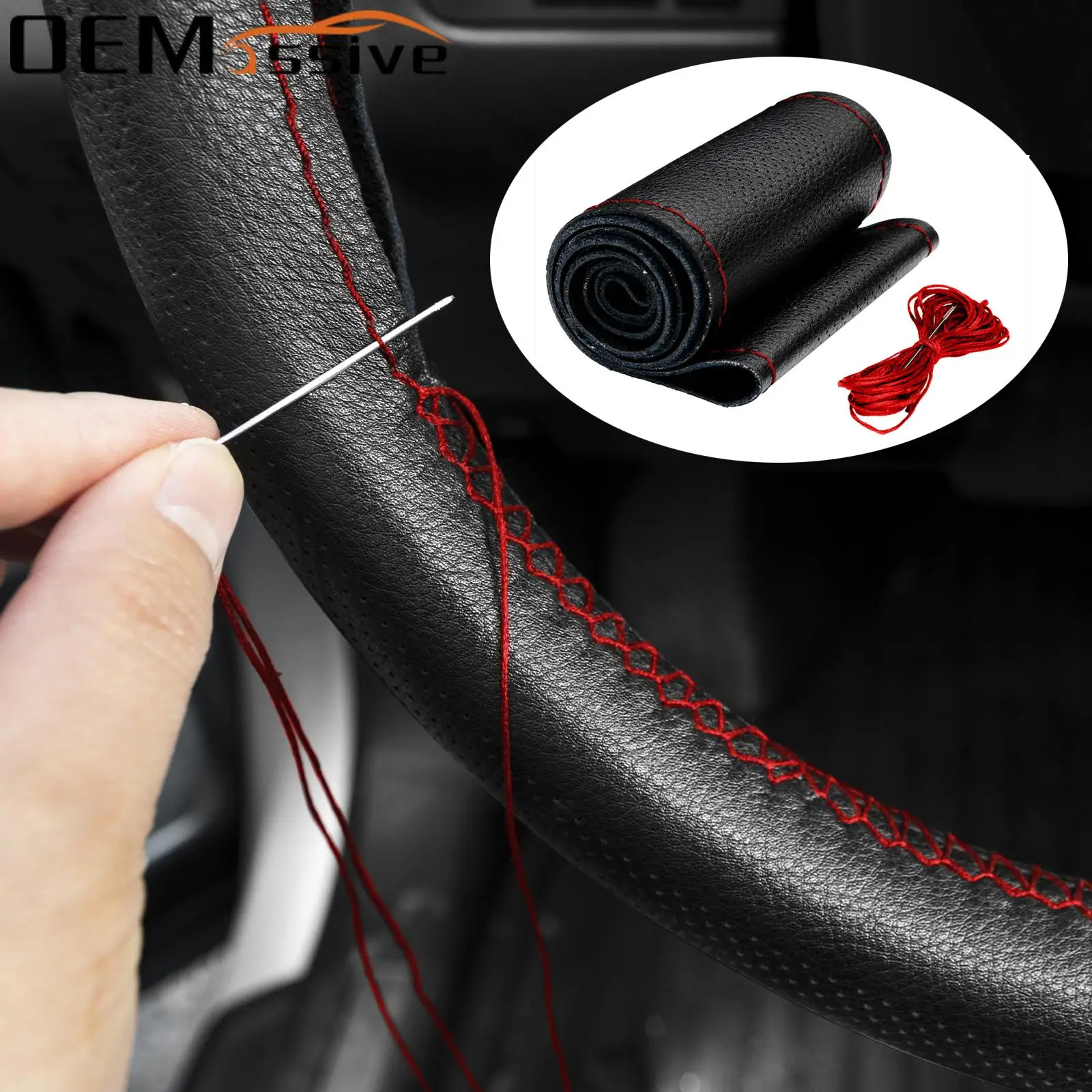 

15" Black/Red/Blue Leather Car Steering Wheel Cover Anti-slip Breathable Automotive Interior Styling For Clio 5 Accord Ranger