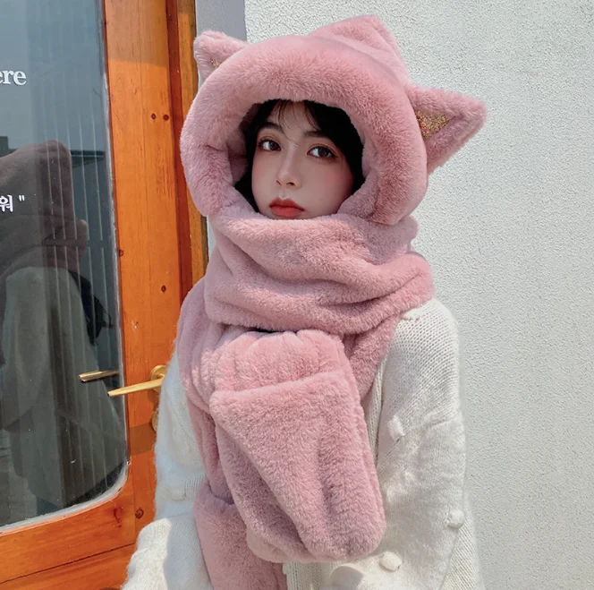 

Cat Hat Imitation Fur Winter Women's Fashion Foreign Trade Cross-border Warm Autumn Plush Hat Scarf Glove Integration Pink