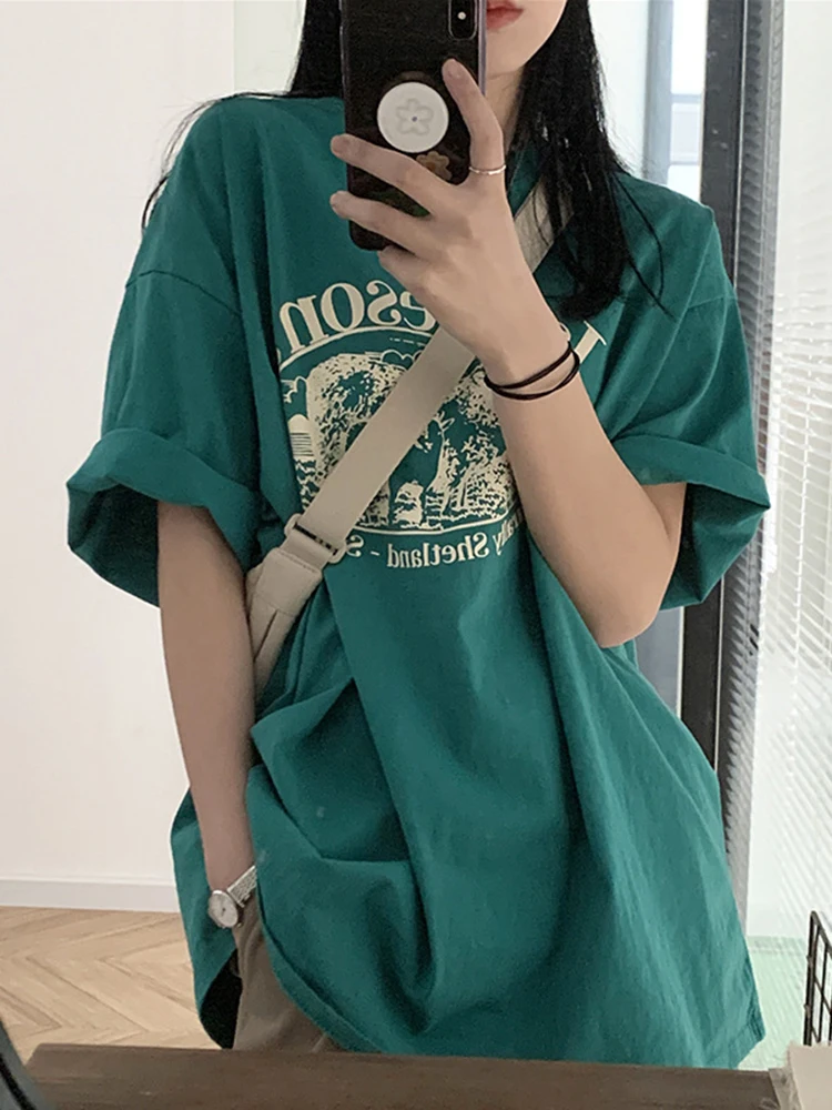 

Футболка Jyate женская с коротким рукавом, однотонная шикарная Свободная рубашка в Корейском стиле, топ оверсайз с круглым вырезом и принтом, ...