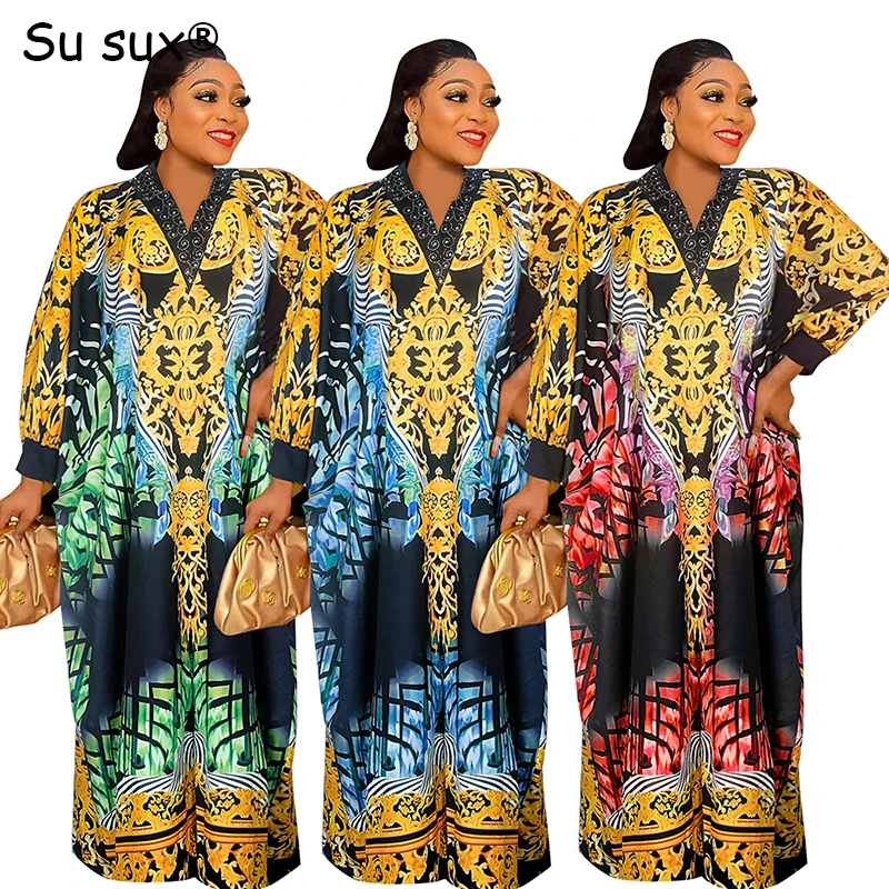 

African Clothes Bazin Riche Abayas For Women Plus Size Print V Neck Maxi Dress Robe Africaine Femme Boubou Africain 2023 Summer