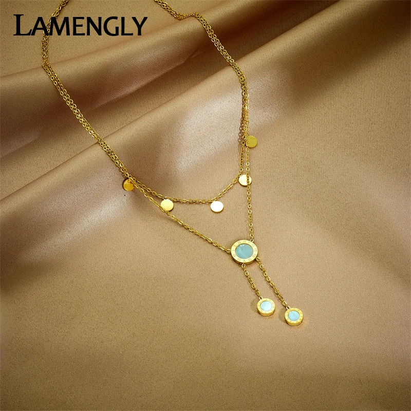

LAMENGLY 316L Stainless Steel Roman Numeral Dial Long Pendant Necklace For Women New Girls Clavicle 2in1 Chains Jewelry Gifts