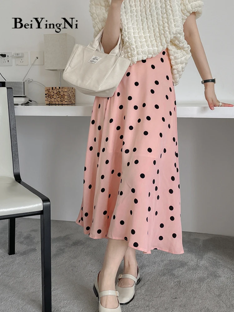 

Beiyingni Women's Elegant Elastic High Waist Skirt Polka Dot Print Retro Leisure Big Hem Swing Skirts Ladies Long Midi Faldas