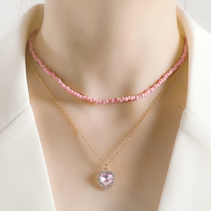 

2pcs Pink Girl Choker Necklaces Double-layer Pendant Necklace for Women Pink Cotta Beads Chain Heart Shape Rhinestone Pendant