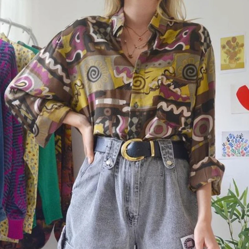 

Retro Fashion Print Lapel Long Sleeve Shirt