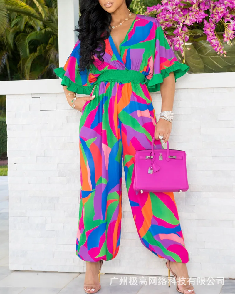 

Abstract Print Bell Sleeve Cuffed Jumpsuit Women V Neck Loose Overall Pants Jumpsuits Ankle Length