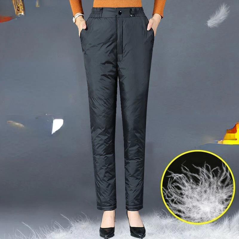 

Woman High Waist Winter Down Pants Female White Duck Down Padded Trousers Ladies Thick Warm Keep Pants Fathers Trousers G171