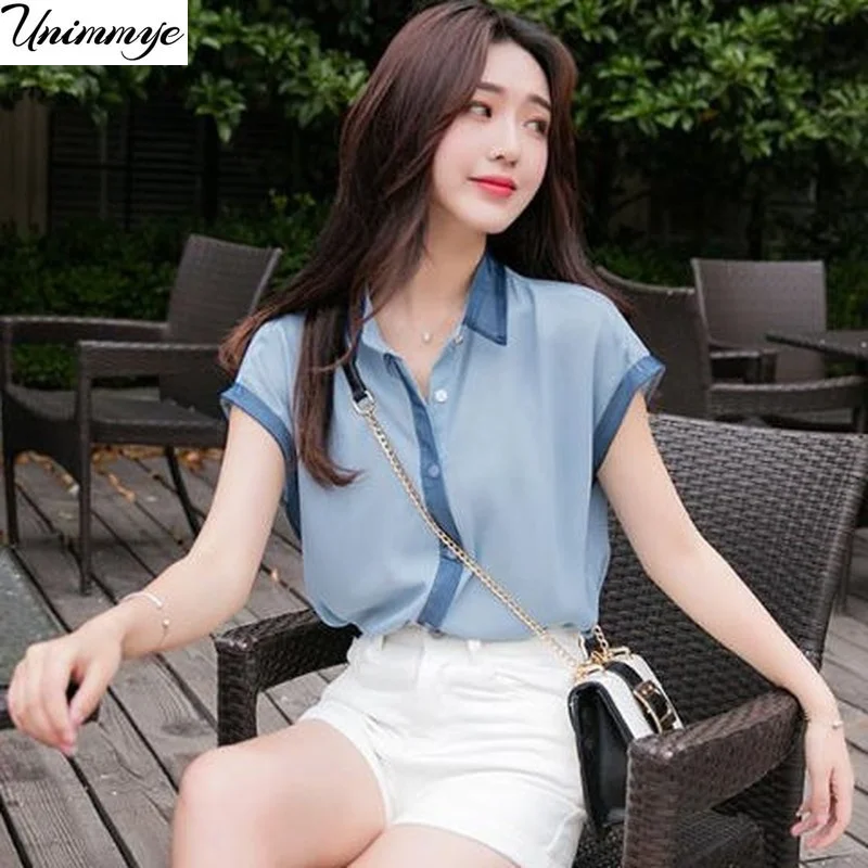 

Summer Korean Style Trendy Turn-down Collar Shirt Short Sleeve Chiffon Blouse Shirt for Women Blouses Blusas Mujer De Moda J422