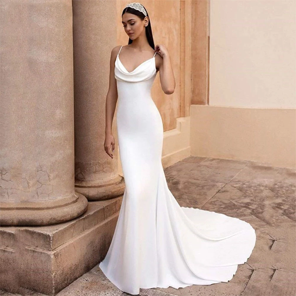 

2022 Simple Mermaid Wedding Dress Spaghetti Sweep Train Sexy Open Back Beach Women Bridal Gowns Satin Customize Bride Dresses
