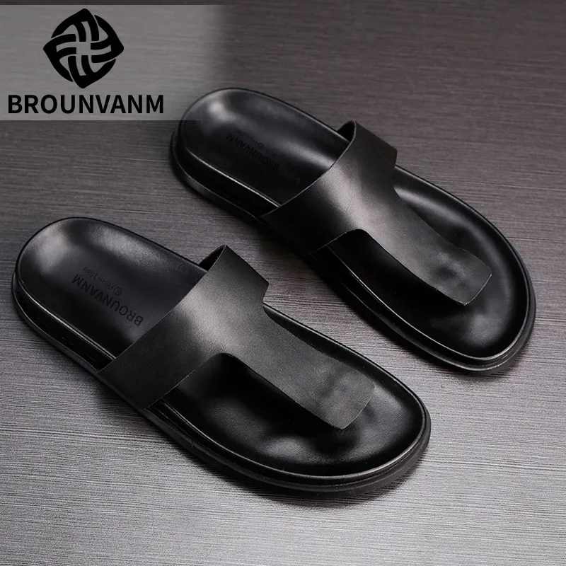 

European station men's slippers 2022 summer leather sandals and slippers flip-flops tide leather non-slip tide beach slippers
