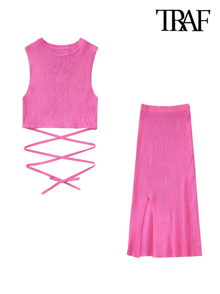 

Женский трикотажный комплект из двух предметов, кроп-топ с завязками и юбка миди с высокой эластичной талией и разрезом спереди