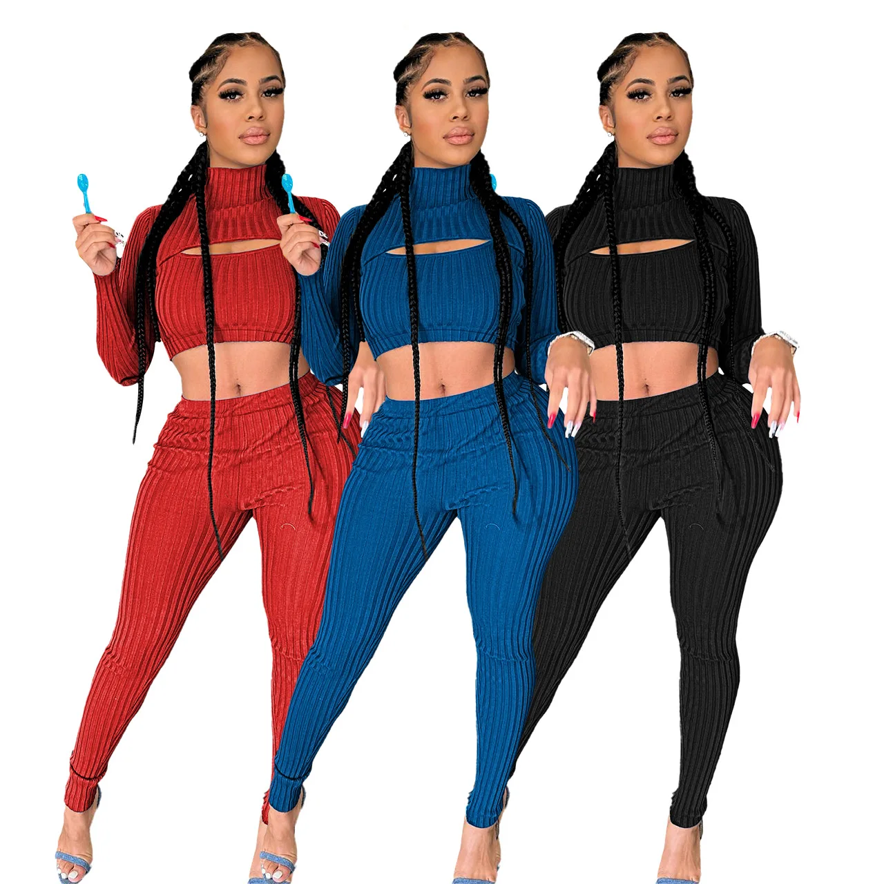 

Women's pant sets elastic turtleneck hollow out sexy two piece tracksuits for women 8267