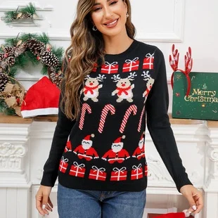 Рождественский вязаный свитер женская толстовка с круглым вырезом и длинными