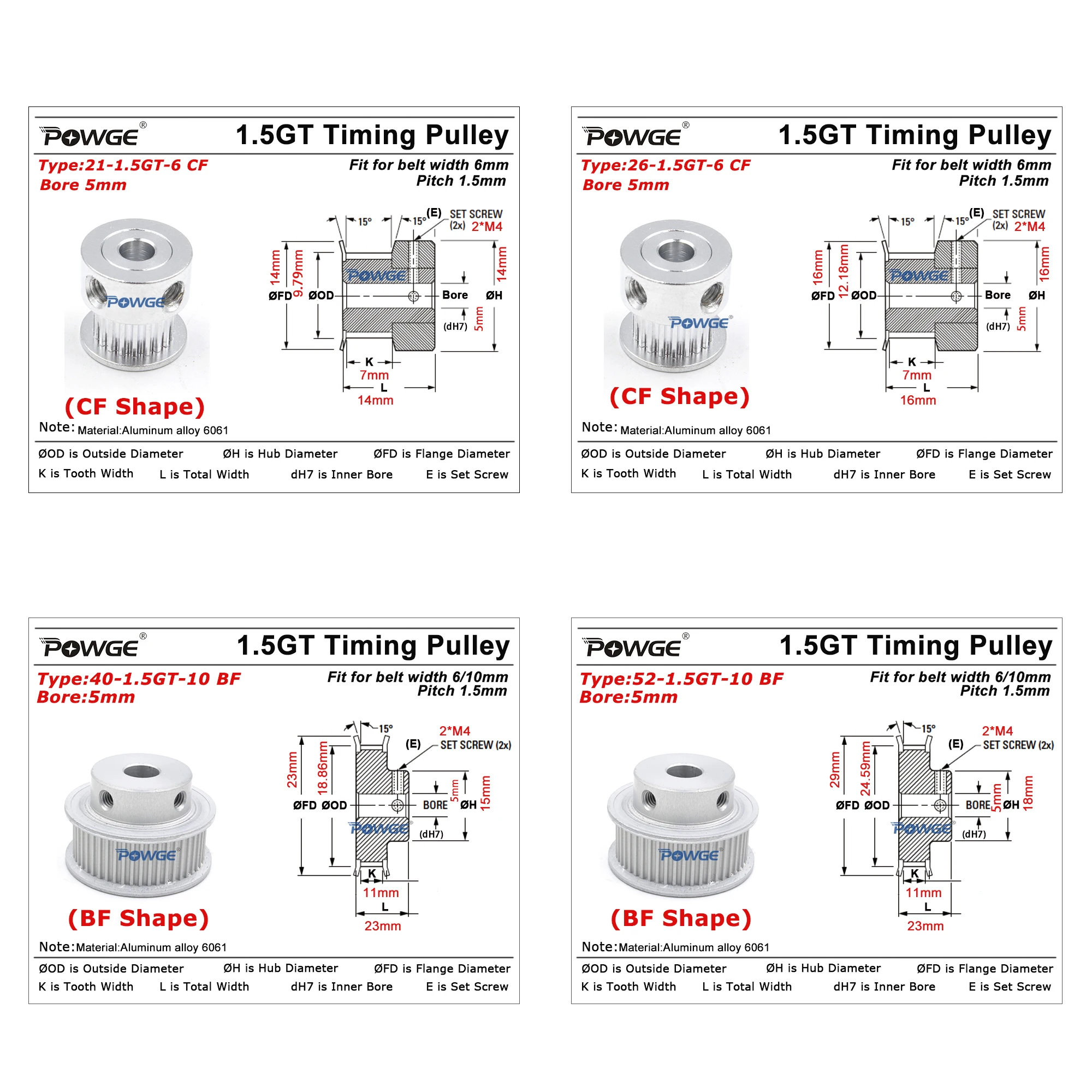 Фото POWGE GT 21 26 40 52 зубца 1,5GT 1,5 м Отверстие шкива ГРМ 5 мм для 1,5GT Ширина ремня ГРМ 6/9/10 мм маленькая люфта 21T 26T 40T 52T №2