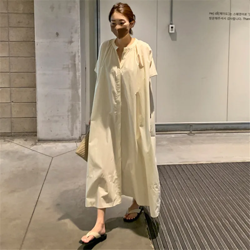 

SuperAen 2022 Summer New Loose Slim Shirt Batwing Sleeve Solid All Match Cotton Casual Oversized Straight Dresses for Women
