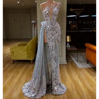 2022 Sexy Mermaid Prom Strapless V-Deep Sequins Hand Beaded High Split Prom Dress Personalized Evening Gown Robe De Soirée