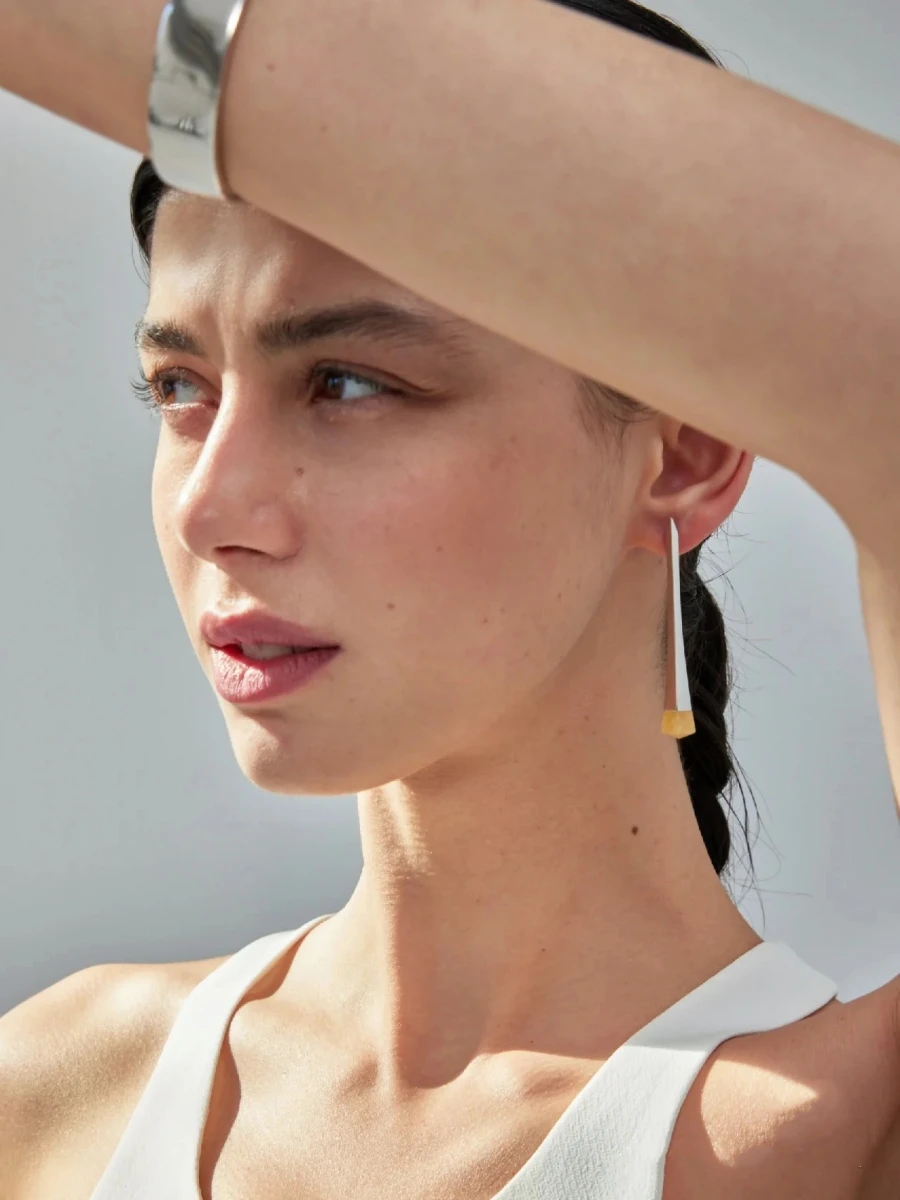 Natural Topaz Trapezoidal Long Earrings Design Original Stone Cold Sle High-Grade Light Luxury Water Drop Earrin...