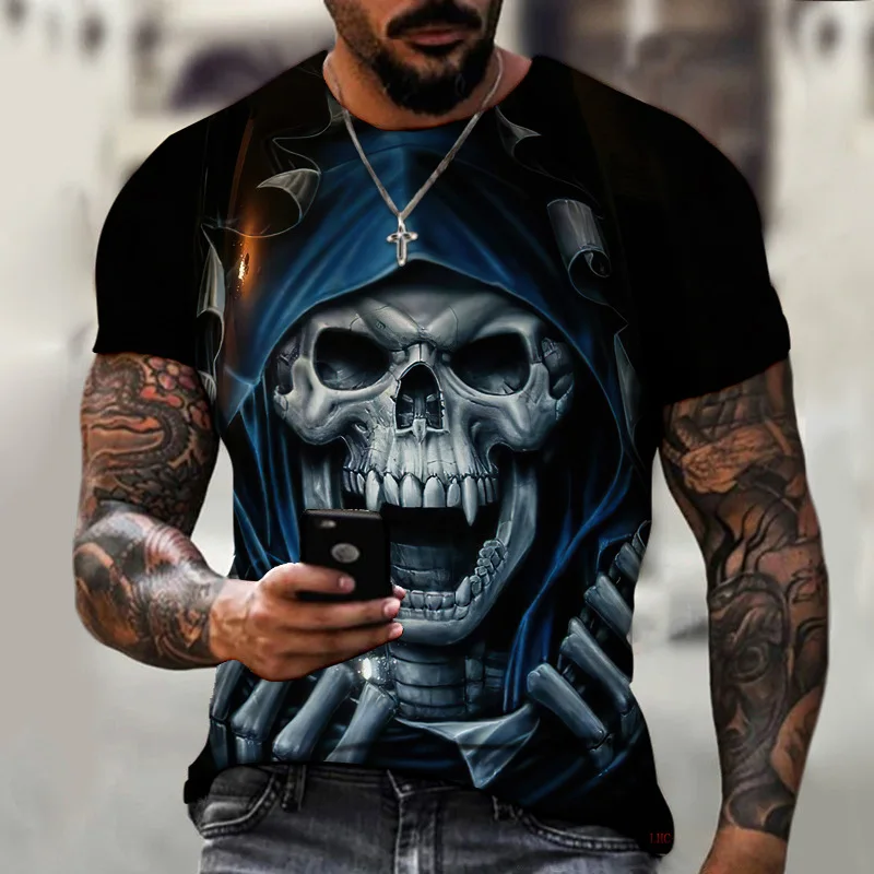 

Summer Men T Shirt Horrible Skull Head Harajuku Cool Tops Tees Men Trend Oversized Personality O-Neck Short Sleeve Sweatershirt