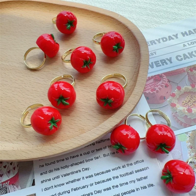 Y2k Minar Kawail Мультяшные смоляные регулируемые открытые кольца с помидорами для