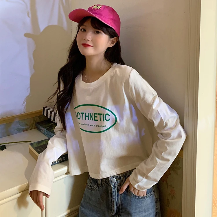 

7039 new spring and autumn students foreign style all-match short long-sleeved t-shirt women