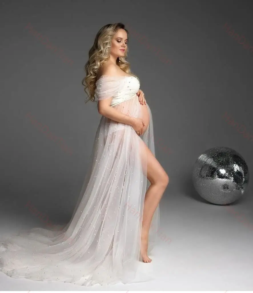 Maternity Dress front Open for Photoshoot Tulle with Pearls Off-the-shoulder Lace Up Back
