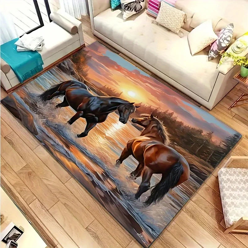 Фото Фланелевый коврик Horse Sunset для гостиной и спальни, нескользящий, мягкий, для домашнего декора №1