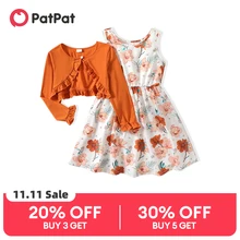 PatPat 2pcs Girl Kids Dress Girls' Dress Sets Floral Print Sleeveless Dress and Ruffled Long-sleeve Orange Cardigan Set Dresses