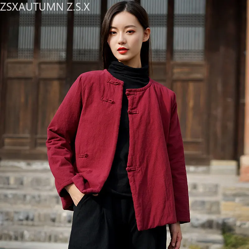 

Осенне-зимнее новое пальто из хлопка и конопли в китайском стиле, Женская литературная короткая стеганая куртка, винтажная традиционная одежда для женщин