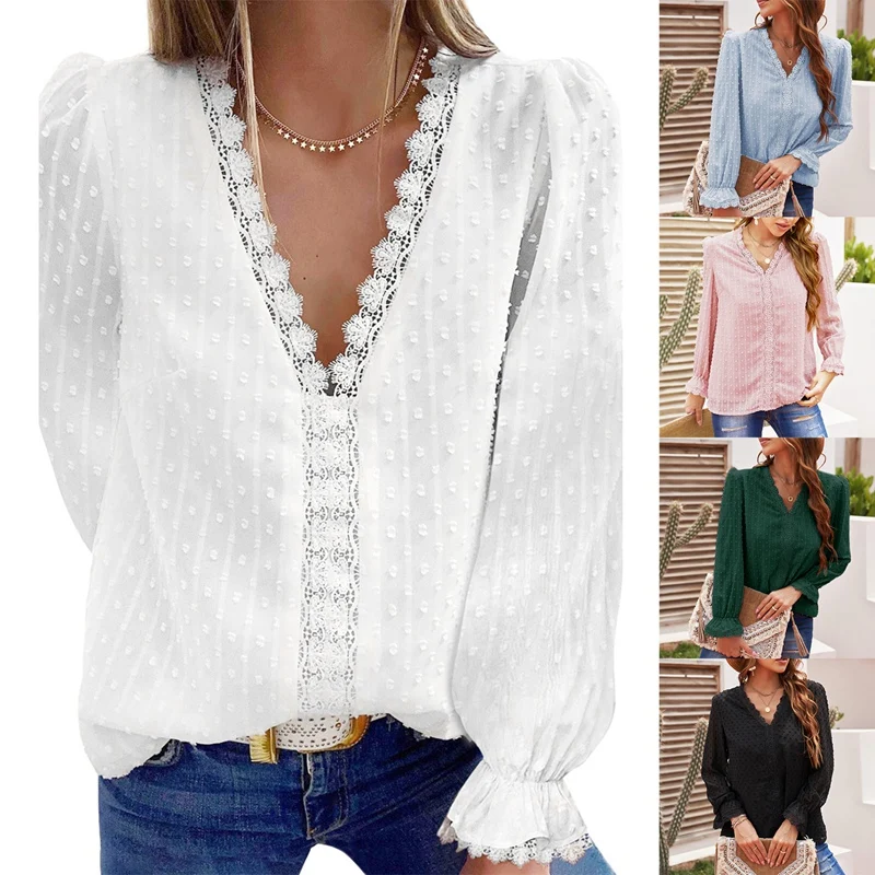 

ASDS-Women's V Neck Long Sleeve Lace Crochet Tunic Tops Flowy Casual Blouses Shirts