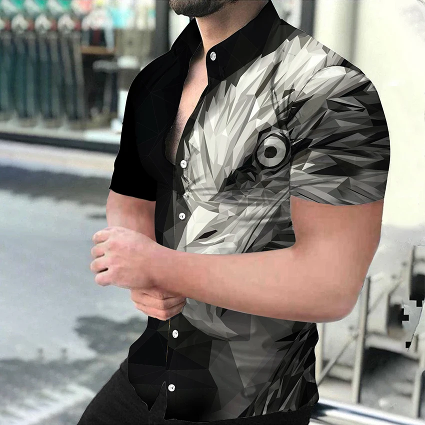 

Рубашка мужская с отложным воротником и принтом орла, люксовая повседневная с пуговицами на воротнике, топ с короткими рукавами, одежда для ...