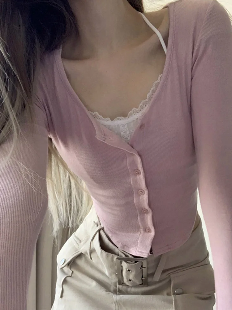 Y2k кружевной лоскутный розовый укороченный топ на пуговицах с длинным рукавом