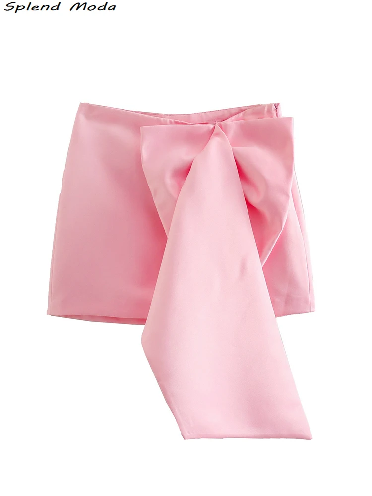 

2022 Za Women Summer Fashion Sweet Chic Pink Cute Big Bow Mini Skirt Young High Waist Zipper Short Skirts Faldas De Moda