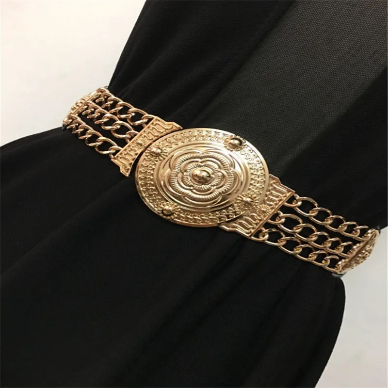 

2021 Women Flower Gold Belts Fashion Ladies Floral Elastic Metal Women Waist Belt For Dress Female Golden Chain Belt
