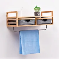 Simple Bathroom Shelf Multi-layer Partition Towels Rack Double Pumping Design Wall Holder Natural Bamboo Storage Desk