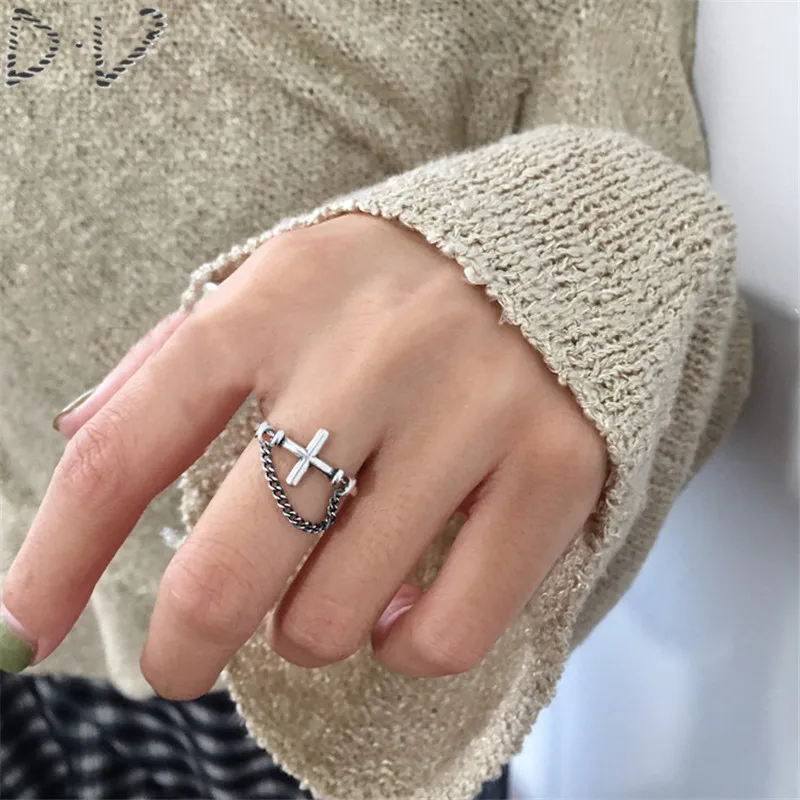 

Trendy Vintage Silver Fine Jewelry Personality Cross Chain Tassel Lines Arrow Opening Rings for Women Party Accessories Gift