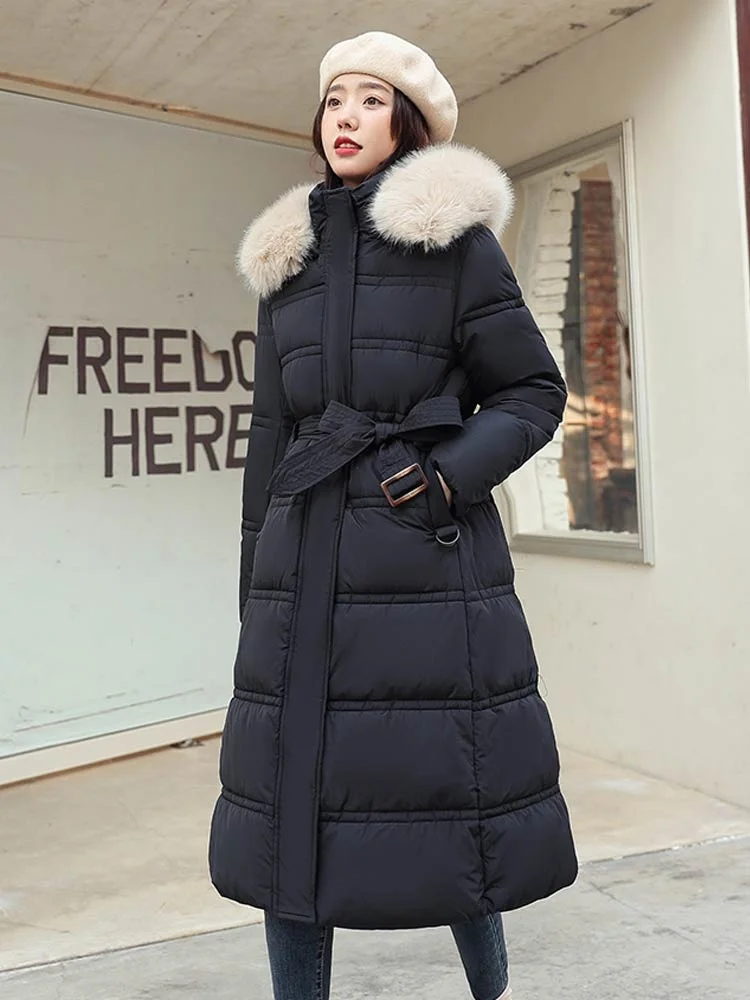2022 New Winter Women Puffer Down Jacket Parkas Women Clothes Long Slim Fur Hooded Solid Warm Coats Female Outwear
