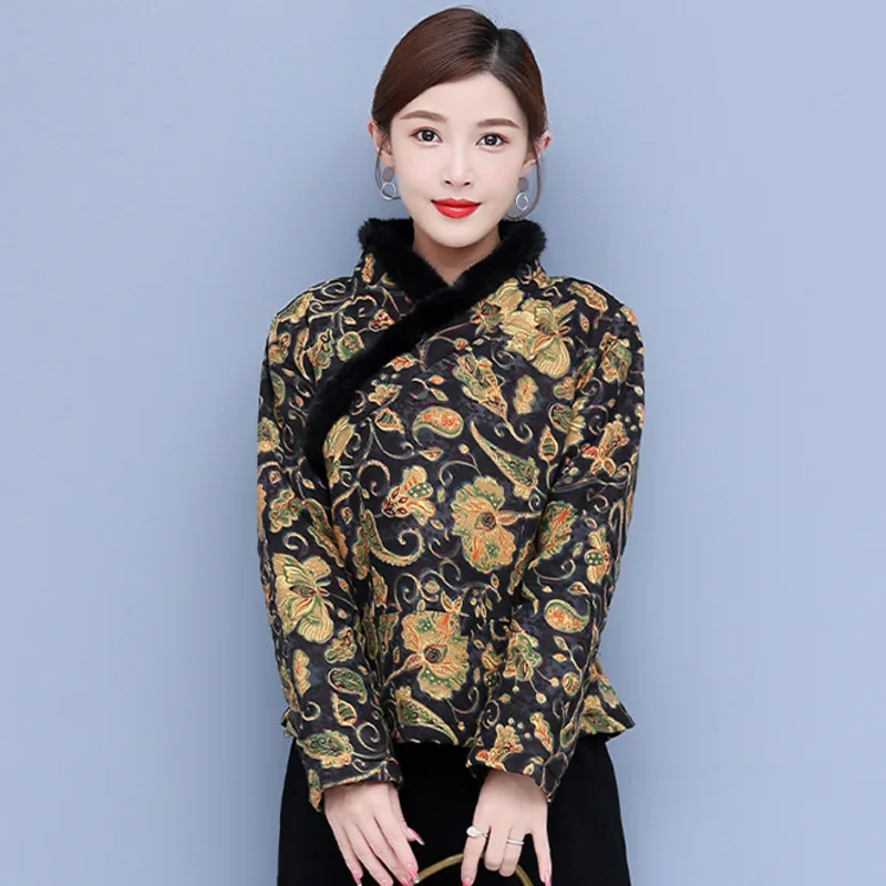 

Зимняя Новая Винтажная короткая куртка Hanfu с меховым воротником и принтом китайское традиционное платье Женская китайская стеганая куртка ...