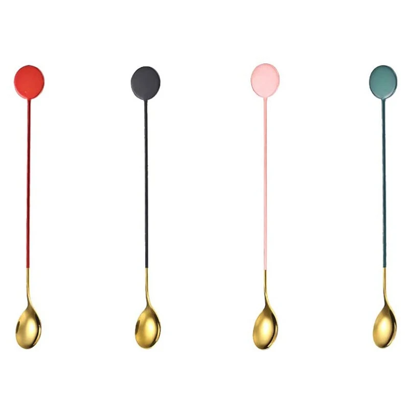 

4Pcs Stainless Steel Fruit Stirring Sticks Mixed Color Long Handle Spoon Mug Spoon Milk Tea Coffee Stirring Spoon