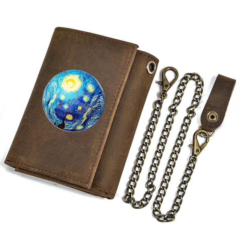 Genuine Leather Men Wallet Anti Theft Hasp With Iron Chain Classic The Starry Night Cover Card Holder Rfid Short Purse BT3648