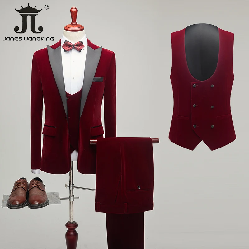 

(Пиджак + жилет + брюки) Эксклюзивный бархатный мужской костюм из 3-х предметов свадебное платье для жениха тонкий свадебный смокинг для выпу...