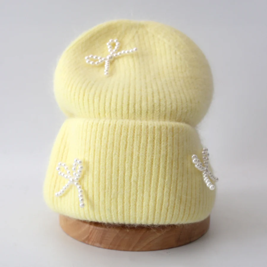 Новые корейские вязаные шапки с бантом и жемчугом зимняя шапка из Ангорского