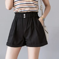 summer casual loose shorts elastic waist solid denim cotton hot shorts holiday beach ladies pocket wide leg shorts